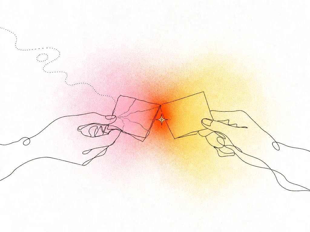 Line drawing of two hands bringing an old creased note and a fresh one together, glowing where they touch