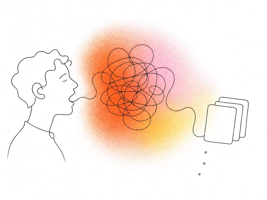 Line drawing of a person talking; their words tangle into a warm glow, then straighten into a neat stack of cards